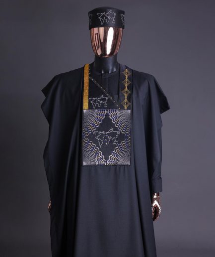 A Charcoal Black, Ajala The Traveler Metallic Wire Embroidery Details Agbada With Swarovski Stone