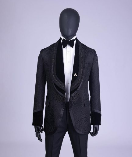 A Charcoal Black “Quad-Shawl” Lapel Tuxedo Jacquard Suit
