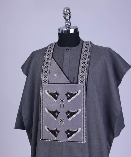 An Iron Grey, stepping all stars metallic wire embroidery details agbada