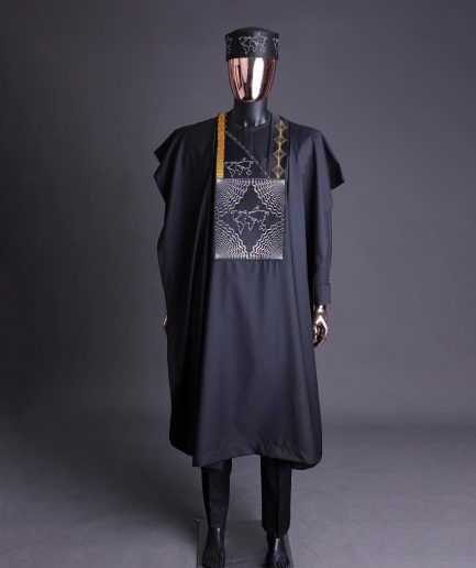 A Charcoal Black, Ajala The Traveler Metallic Wire Embroidery Details Agbada With Swarovski Stone