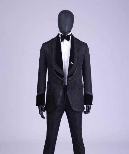A Charcoal Black “Quad-Shawl” Lapel Tuxedo Jacquard Suit