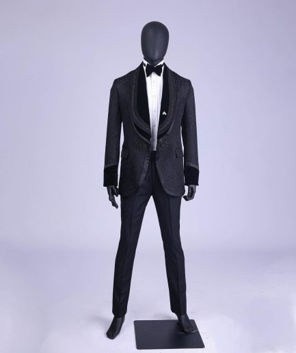 A Charcoal Black “Quad-Shawl” Lapel Tuxedo Jacquard Suit