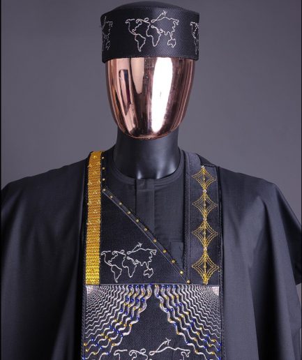 A Charcoal Black, Ajala The Traveler Metallic Wire Embroidery Details Agbada With Swarovski Stone