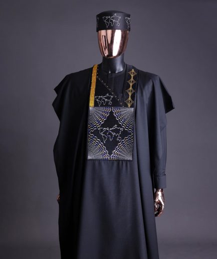 A Charcoal Black, Ajala The Traveler Metallic Wire Embroidery Details Agbada With Swarovski Stone