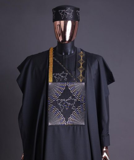 A Charcoal Black, Ajala The Traveler Metallic Wire Embroidery Details Agbada With Swarovski Stone
