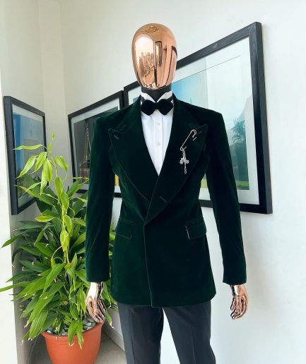 A Sacramento green “agama” soaked velvet peak lapel single button double breasted suit