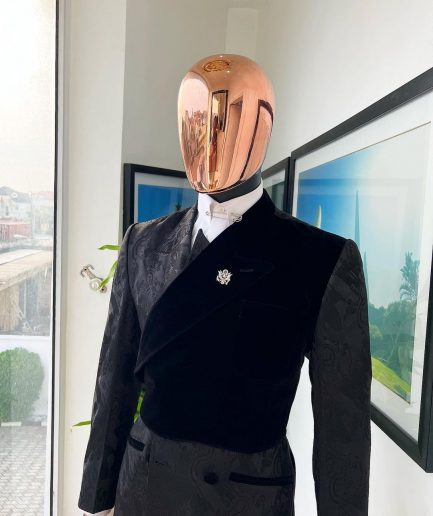 A charcoal black “equalizer” quadruple breasted, knitted, peak lapel with velvet tuxedo jacquard suit
