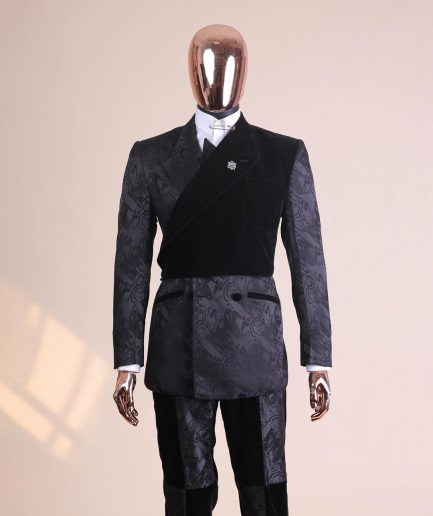 A charcoal black “equalizer” quadruple breasted, knitted, peak lapel with velvet tuxedo jacquard suit