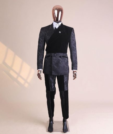 A charcoal black “equalizer” quadruple breasted, knitted, peak lapel with velvet tuxedo jacquard suit