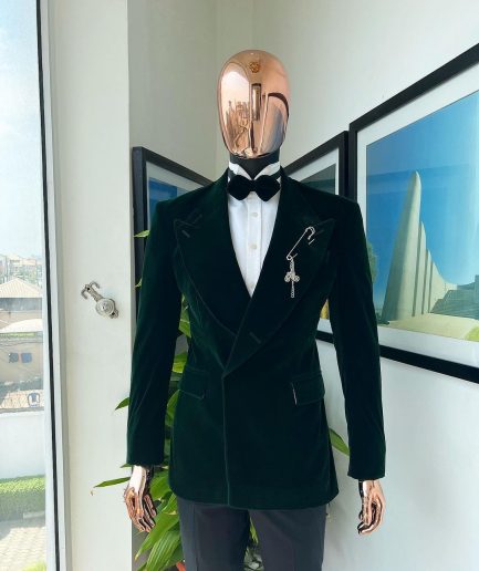 A Sacramento green “agama” soaked velvet peak lapel single button double breasted suit