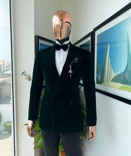 A Sacramento green “agama” soaked velvet peak lapel single button double breasted suit