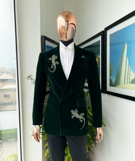 A Sacramento green “agama” soaked velvet peak lapel single button double breasted suit
