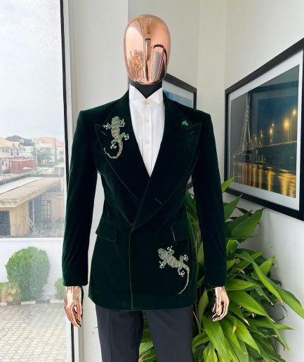 A Sacramento green “agama” soaked velvet peak lapel single button double breasted suit