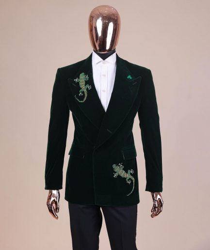 A Sacramento green “agama” soaked velvet peak lapel single button double breasted suit