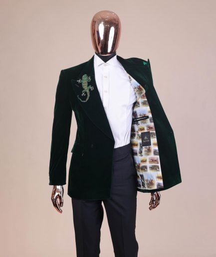 A Sacramento green “agama” soaked velvet peak lapel single button double breasted suit