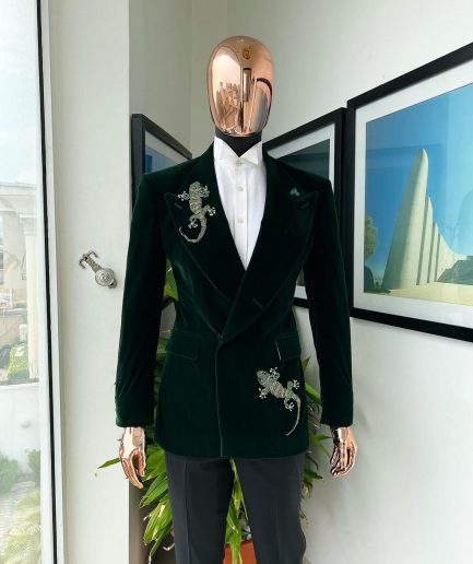 A Sacramento green “agama” soaked velvet peak lapel single button double breasted suit