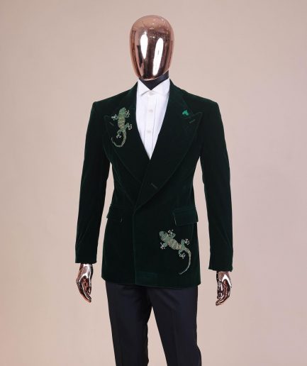 A Sacramento green “agama” soaked velvet peak lapel single button double breasted suit