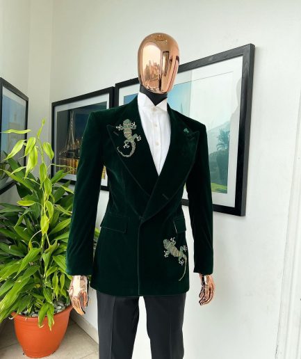 A Sacramento green “agama” soaked velvet peak lapel single button double breasted suit