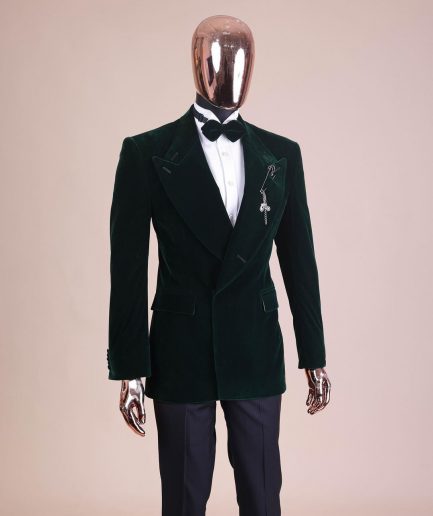 A Sacramento green “agama” soaked velvet peak lapel single button double breasted suit