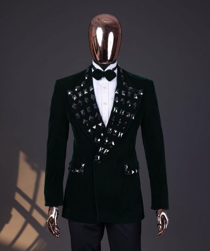 A Sacramento green soaked velvet peak lapel single button double breasted suit
