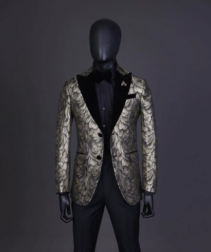 A Charcoal Black And Gold Splash, Peak Lapel Tuxedo Suit.