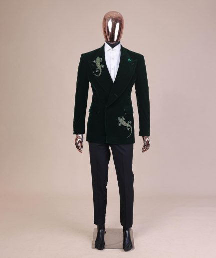 A Sacramento green “agama” soaked velvet peak lapel single button double breasted suit