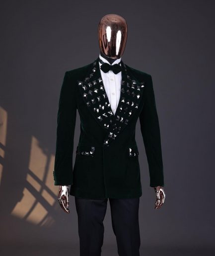A Sacramento green soaked velvet peak lapel single button double breasted suit