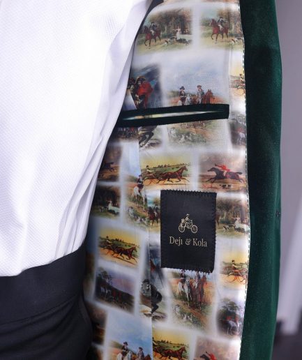 A Sacramento green “agama” soaked velvet peak lapel single button double breasted suit