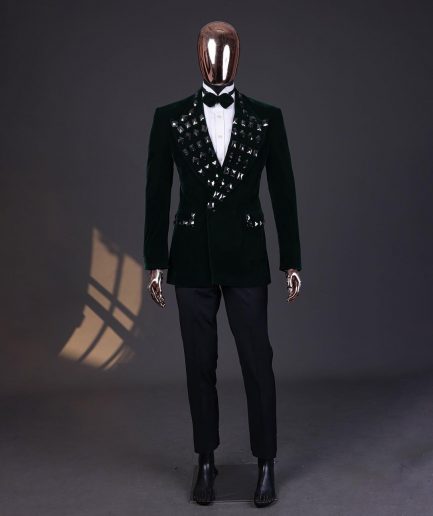 A Sacramento green soaked velvet peak lapel single button double breasted suit