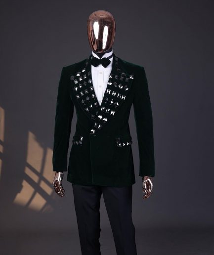 A Sacramento green soaked velvet peak lapel single button double breasted suit