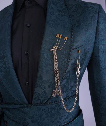 A Phythalo Green, Floral Patterned Shawl Lapel, Single Button Smoking Tuxedo Suit