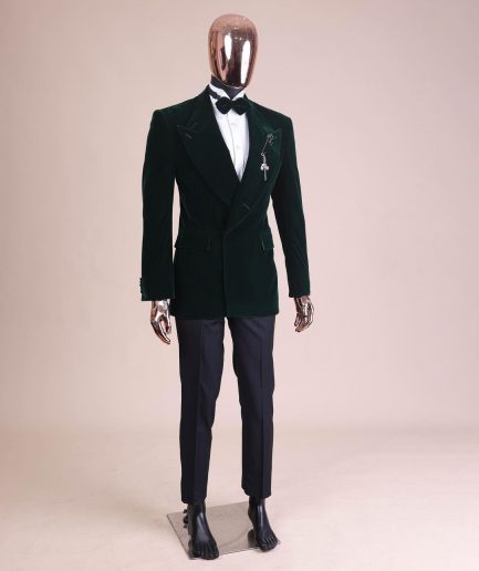 A Sacramento green “agama” soaked velvet peak lapel single button double breasted suit