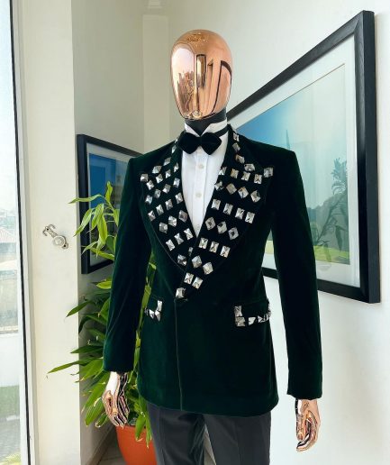 A Sacramento green soaked velvet peak lapel single button double breasted suit