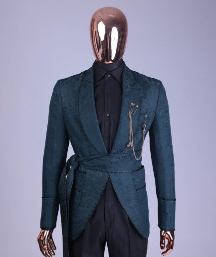 A Phythalo Green, Floral Patterned Shawl Lapel, Single Button Smoking Tuxedo Suit