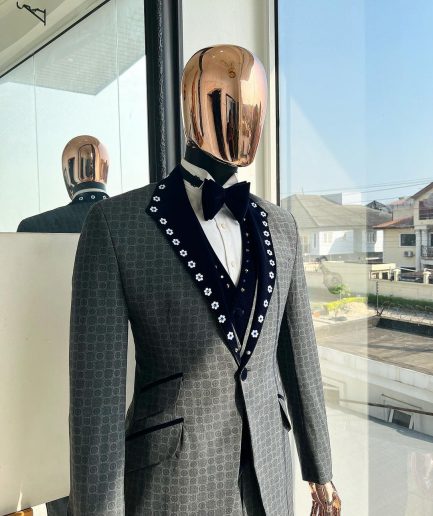 A Grey Octagonal Patterned, Navy blue mix, notch lapel with mixed Swarovski button details