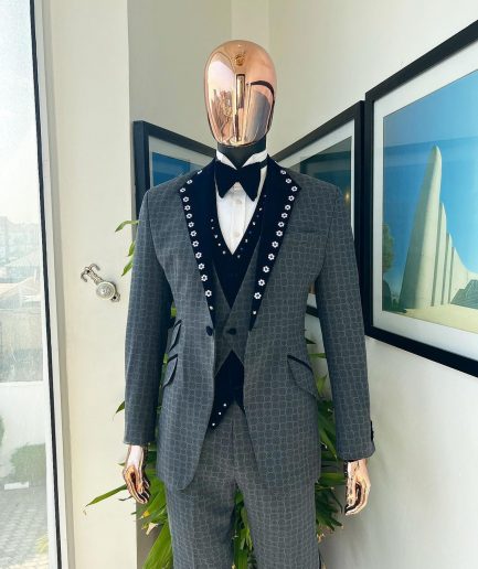 A Grey Octagonal Patterned, Navy blue mix, notch lapel with mixed Swarovski button details