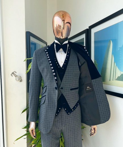 A Grey Octagonal Patterned, Navy blue mix, notch lapel with mixed Swarovski button details