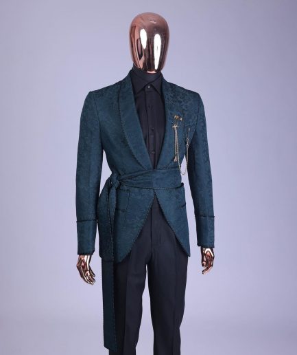 A Phythalo Green, Floral Patterned Shawl Lapel, Single Button Smoking Tuxedo Suit