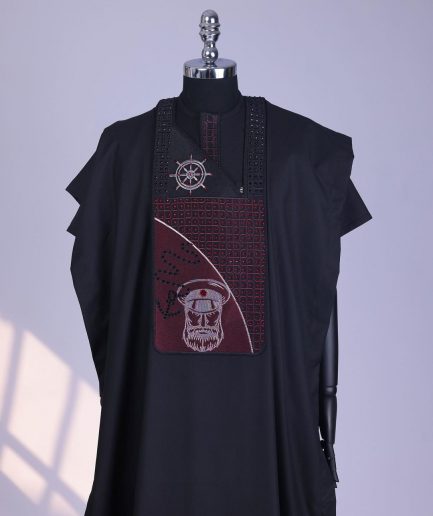 A Charcoal Black, Anchor, Wheel & Sailor Wire Embroidery Details Agbada