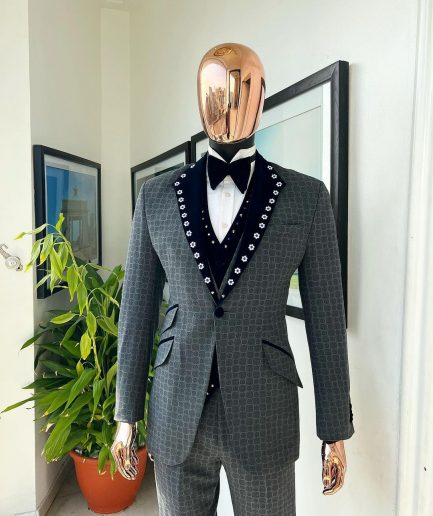 A Grey Octagonal Patterned, Navy blue mix, notch lapel with mixed Swarovski button details