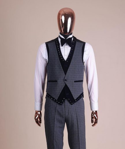 A Grey Octagonal Patterned, Navy blue mix, notch lapel with mixed Swarovski button details