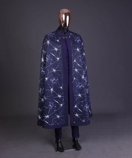 An egg plant purple, cyber stars splashed 3D print cape, long sleeve African senator safari kaftan native & sokoto