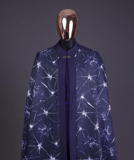 An egg plant purple, cyber stars splashed 3D print cape, long sleeve African senator safari kaftan native & sokoto
