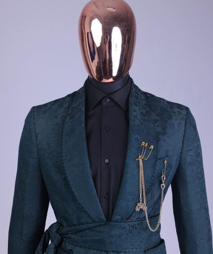 A Phythalo Green, Floral Patterned Shawl Lapel, Single Button Smoking Tuxedo Suit