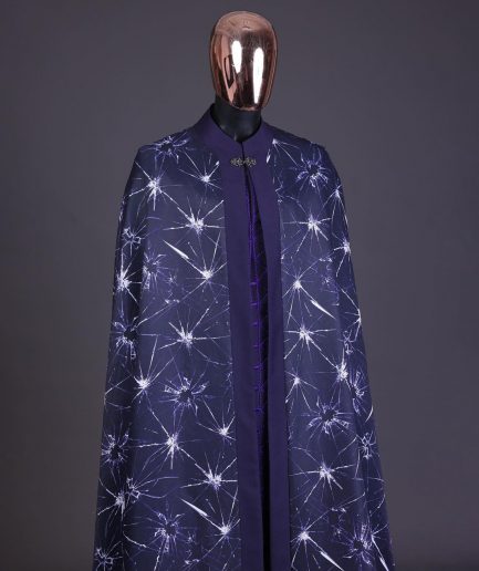 An egg plant purple, cyber stars splashed 3D print cape, long sleeve African senator safari kaftan native & sokoto