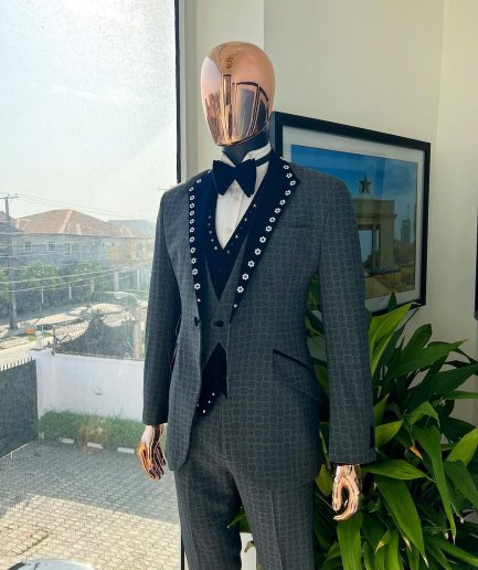 A Grey Octagonal Patterned, Navy blue mix, notch lapel with mixed Swarovski button details