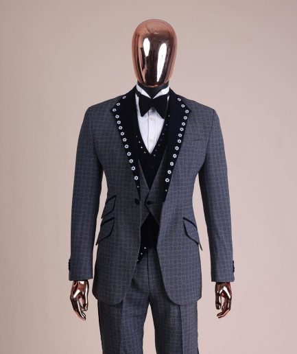 A Grey Octagonal Patterned, Navy blue mix, notch lapel with mixed Swarovski button details