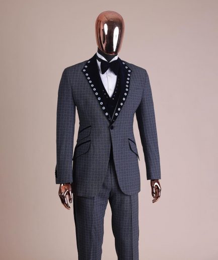 A Grey Octagonal Patterned, Navy blue mix, notch lapel with mixed Swarovski button details