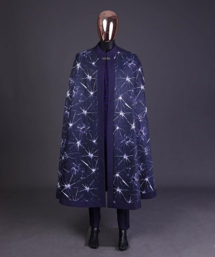 An egg plant purple, cyber stars splashed 3D print cape, long sleeve African senator safari kaftan native & sokoto