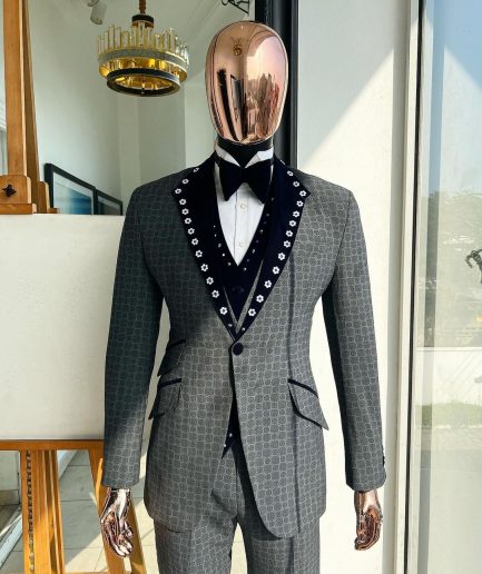A Grey Octagonal Patterned, Navy blue mix, notch lapel with mixed Swarovski button details